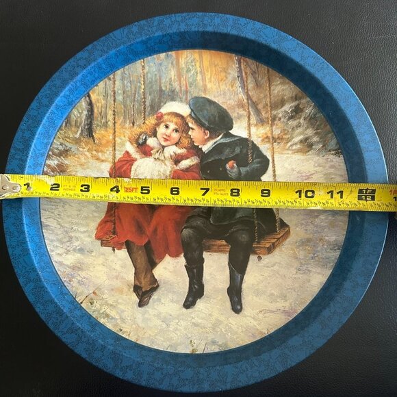 Victorian Boy Girl Winter Scene Swing Tin Serving Tray 12 Diameter - Picture 5 of 6